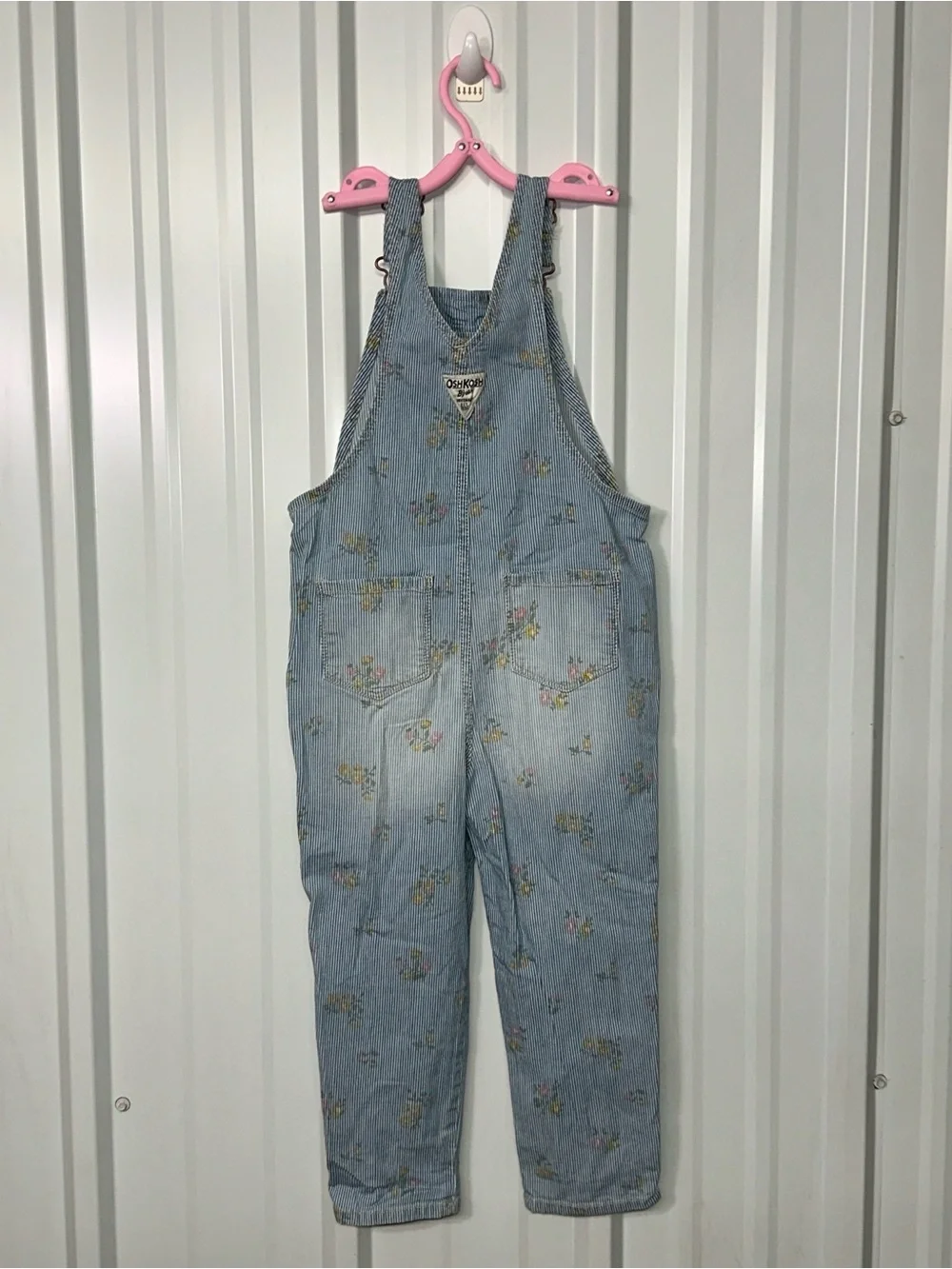 OshKosh B’Gosh Girls Floral Hickory Stripe Overalls Cottagecore Farmgirl Style